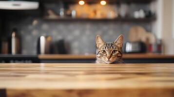 A curious cat peeks over a wooden table in a warm kitchen, its eyes full of playful inquiry. The cat seems friendly and inquisitive. photo