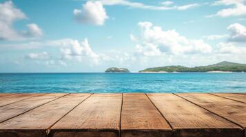 Wooden deck view showcasing the pristine ocean and islands under a bright sky, creating a serene coastal atmosphere. photo