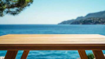 Wooden table overlooking a serene seascape with clear blue waters. Space perfect for showcasing products or enjoying a scenic view. photo