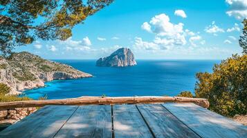 Scenic overlook featuring a rustic wooden table with a breathtaking view of the ocean and a rocky island under a clear blue sky. photo