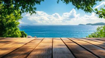 Scenic Ocean View from Wooden Deck. Turquoise waters, lush greenery, and distant islands under a blue sky with fluffy clouds create a serene escape. photo