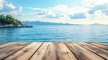 Wooden planks invite you to a serene coastal view, where clear waters meet distant mountains under a sky painted with soft clouds. photo