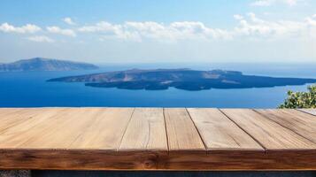 Wooden surface overlooking a serene blue sea with distant islands under a partly cloudy sky, perfect for displaying products or concepts. photo