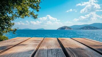Seaside view from wooden deck. A serene scene featuring a wooden deck with a beautiful ocean view in the background. photo