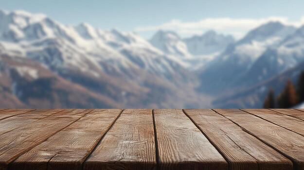 Rustic wooden table with a blurred mountain range background, perfect for product displays or scenic compositions. photo