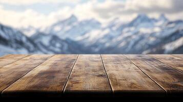 Rustic wooden table against a scenic mountain backdrop evokes a sense of serene nature and inviting warmth in a picturesque setting. photo