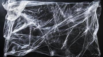 Translucent plastic sheet with crinkled texture, creating abstract patterns on a dark background, resembling a ghostly fabric. photo