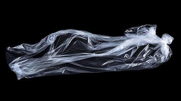 Wrinkled clear plastic bag on a black background. Transparency and reflection add an artistic touch to everyday material. Abstract design. photo