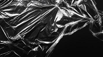 Translucent plastic sheet abstract with crumpled texture and dark background. Clear plastic sheet with light reflecting off folds and crinkles. photo