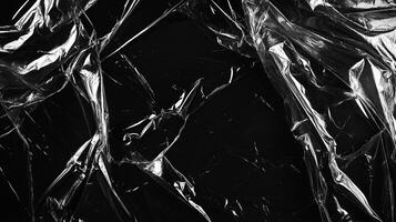 Crumpled sheet of transparent wrapping on black background. Clear plastic texture. Abstract art with light reflection and shadows. photo