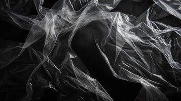 Abstract patterns of transparent plastic film create an intriguing interplay of light and shadow against a dark background. photo