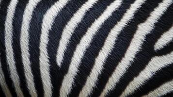 A close-up of a zebra's hide displaying a striking pattern of alternating black and white stripes creating a mesmerizing natural design. photo