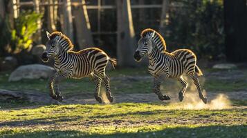 Two young zebras playfully gallop across a grassy field, kicking up dust in a burst of energy, their stripes blurring with motion. photo