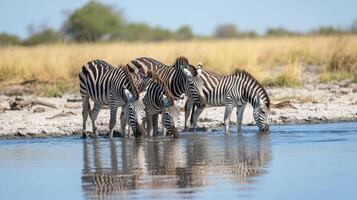 Zebras quench their thirst at the watering hole. The animals drink from the clear water as their reflections create beautiful patterns. photo