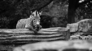 Monochrome image of a zebra lounging on a log in a serene setting, showcasing its iconic stripes and tranquil demeanor. photo