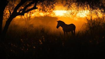 A zebra stands silhouetted against a fiery sunset, tall grass in front of it, trees in the background. Wildlife and nature at its finest. photo