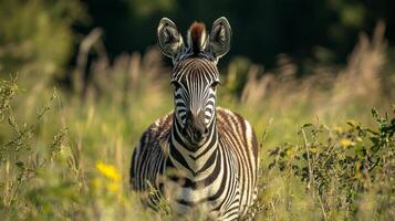 Striking zebra stands tall in a field, its monochrome stripes contrasting with the green and brown hues of the surrounding grass and plants. photo