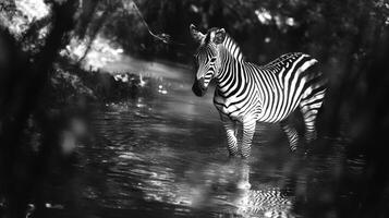 A zebra stands in shallow water, captured in striking black and white, creating a timeless and elegant wildlife portrait. photo