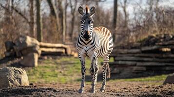 Striking zebra stands tall, its black and white stripes create a captivating visual display against a muted backdrop. photo