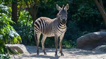 A captivating zebra stands under dappled sunlight, its striking stripes a mesmerizing contrast against the lush green foliage backdrop. photo