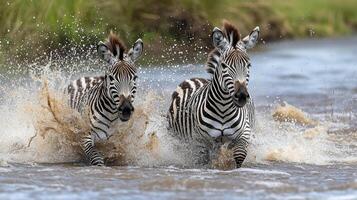 Zebras wading through water, causing a splash as they move forward with determination, highlighting their unique stripes and wild beauty. photo