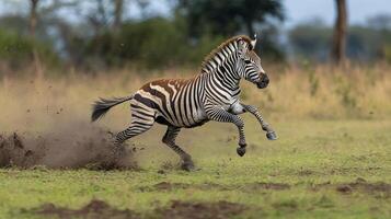 A zebra foal gallops through a grassy field, kicking up dust with each stride, embodying youthful energy and the freedom of the savanna. photo