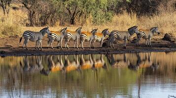 Zebras line a watering hole with dry grass in the background, their reflections adding to the natural scenery. photo