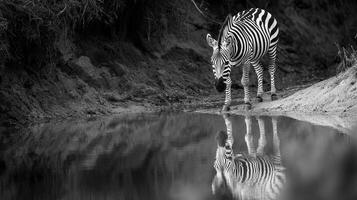 A solitary zebra pauses at the water's edge, its striped form reflected in the still surface, creating a striking visual symmetry. photo