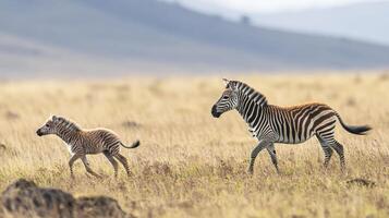 Zebra mother and foal running across an open savanna, a tender glimpse into the animal kingdom. A scene of wildlife. photo