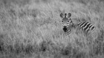 A grayscale image of a zebra looking attentively from within a field of long grasses, its iconic stripes creating a striking contrast. photo