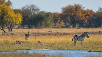 Two zebras grazing near a watering hole, with golden grasslands and diverse trees creating a scenic African landscape in the background. photo