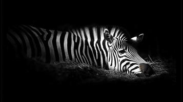 Striking monochrome portrait of a zebra, its unique stripes creating a visually arresting contrast against the dark background. photo