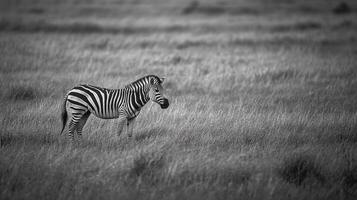 A lone zebra stands serenely amidst tall grasses, its stark stripes creating a striking contrast in the black and white landscape. photo