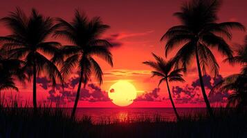 Tropical sunset with silhouetted palm trees. The warm glow reflects on the tranquil ocean creating a vibrant, picturesque scene. photo