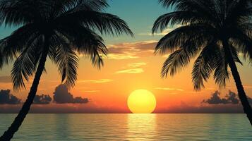Tropical sunset scene featuring palm trees silhouetted against a vibrant orange and yellow sky, reflected in calm water. Dreamy escape. photo