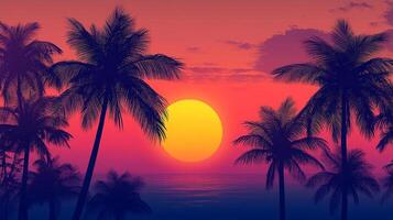 Tropical sunset with silhouetted palm trees creating a classic island aesthetic. Sunset over ocean with palms and vibrant sky. photo