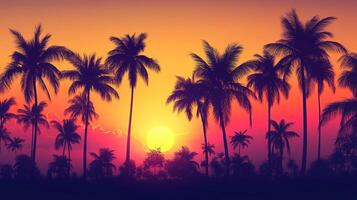 Tropical sunset with silhouetted palm trees against a vibrant gradient sky, evoking relaxation, vacation vibes, and the allure of a paradise. photo