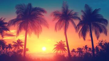 Tropical silhouettes of palm trees against a vibrant sunset sky over the ocean create a serene and idyllic scene. photo