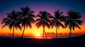 Silhouetted palms meet a vivid sunset sky, casting a warm glow over the tranquil ocean, painting the scene with a spectrum of colors. photo
