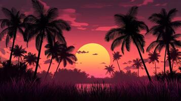 Tropical sunset with silhouetted palm trees against a vibrant gradient sky, creating a peaceful paradise scene with warm, inviting colors. photo