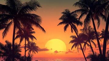 Tropical sunset silhouette of palm trees against a vibrant sky, evoking serene vacation vibes and the allure of a beach getaway. photo
