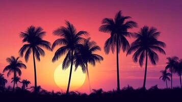 Tropical sunset featuring palm trees silhouetted against a vibrant orange and purple sky. A tranquil coastal scene. photo