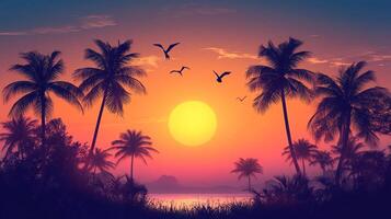 Tropical sunset scene featuring silhouetted palm trees against an orange and pink sky with birds flying towards the large sun. photo