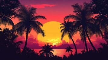 Tropical sunset silhouette, palm trees against vibrant sky and ocean, serene beach scene. Golden sun reflects off the water's gentle surface. photo