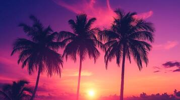 Tropical silhouette of three palm trees set against a vibrant sunset with shades of pink, purple, and orange skies. Warm and calm photo