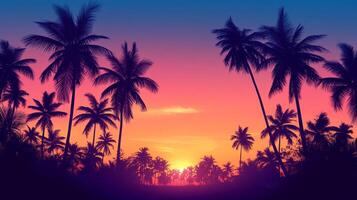 Tropical sunset silhouettes of palm trees against a vibrant gradient sky of orange, pink, and blue, evoking a sense of serenity and escape. photo