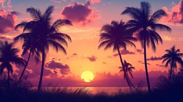 Tropical sunset scene showcasing silhouetted palm trees against a vibrant, colorful sky as the sun dips below the horizon, painting the sky with various hues. photo