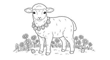 A coloring page with a lamb in the grass vector