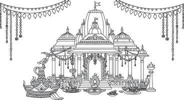 A drawing of a temple with decorations vector