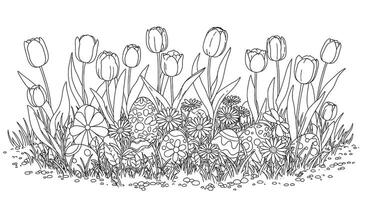 A coloring page with flowers and grass vector